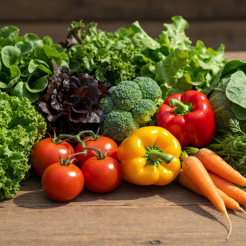 Fresh vegetables - leafy greens, tomatoes, peppers, broccoli, carrots